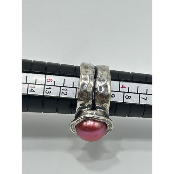Didae Israel Sterling Silver Dyed Red Pearl Ring Size 5 925 Hammered Design - Picture 11 of 11